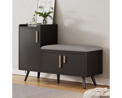 MODENUIT Schoenenkast Bank - Met Zitkussen En 3 Deuren - Voor Hal En Entree - Spaanplaat Zwart - 100x34x68,5 Cm