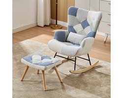MODENUIT Schommelstoel Met Hocker - Gestoffeerde Fauteuil - Voor Woonkamer En Slaapkamer - Stof - Beige Blauw