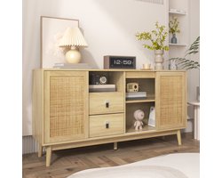 MODENUIT Sideboard - 3 Schuifdeuren En 2 Laden - Voor Woonkamer En Hal - MDF En Rotan - 155x38x80 Cm - Hout