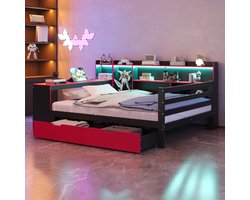 MODENUIT Slaapbank 140x200 cm – Zonder matras – Met Bureau, Boekenkast, Ledverlichting en Stopcontacten – Hout – Zwart/Rood