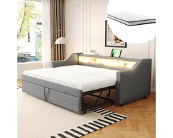 MODENUIT Slaapbank 90/180x190 cm – Uitschuifbaar bed met lattenbodem – Usb, ledverlichting en opbergvakken – Met matras – Lichtgrijs