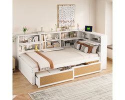 MODENUIT Slaapbank 90x200 cm – Eenpersoonsbed met oplaadpunten – Opbergvakken en 2 lades – Zonder matras – Hout en rotan – Wit