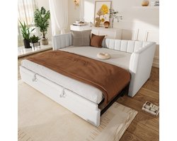 MODENUIT Slaapbank 90x200 cm – Uitschuifbaar Bed met Logeerfunctie – Van 1- naar 2-persoons – Zonder matras – Fluweel – Wit