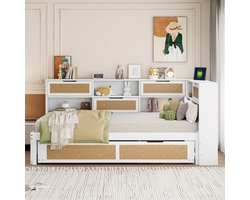 MODENUIT Slaapbank 90x200 cm – Uitschuifbed 90x190 cm met oplaadpunten – Opbergvakken – Zonder matras – Hout en rotan – Wit