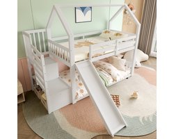 MODENUIT Stapelbed 90x200 cm – Huisbed met glijbaan – Opbergtrap en veiligheidshek – Zonder matras – Grenenhout – Wit