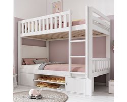 MODENUIT Stapelbed 90x200 cm – Met klaptafel en schoenrek – Kastopberging – Voor 2 kinderen – Hout – Zonder matras – Wit