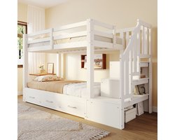 MODENUIT Stapelbed 90x200 cm – Uitschuifbed 90/180x190 cm – Opbergladder met laden – Houten bed – Zonder matras – Wit