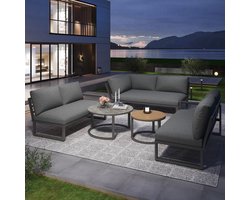 MODENUIT Tuinloungeset 6-7 Personen - Hoekbank Met 2 Salontafels - Voor Tuin En Terras - Metaal En Polyester Grijs
