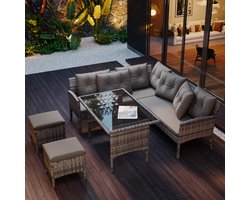 MODENUIT Tuinloungeset 7-Persoons - Met Eettafel, Sofa, Hockers En Kussens - Voor Tuin En Terras - PE-Rotan Grijs