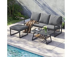 MODENUIT Tuinmeubelset - Hoekopstelling Met Salontafel En Hocker - Voor Balkon En Terras - Staal, Glas, Polyester - Grijs