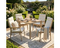MODENUIT Tuinset 84 x 84 cm - Eettafel met 4 Stoelen en Kussens - Voor Tuin en Terras - Staal Beige
