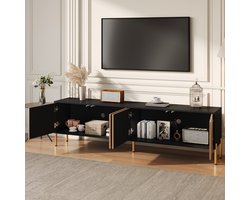 MODENUIT Tv-Meubel - 4 Deuren Met Gesloten Opbergruimte - Woonkamer - Spaanplaat Zwart En Naturel - 179x35x53,5 Cm