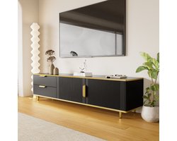 MODENUIT Tv-Meubel - Met 2 Lades En 2 Deuren Voor Woonkamer - Zwart En Goud - Spaanplaat - 175x40x45 Cm