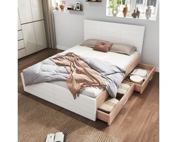 MODENUIT Tweepersoonsbed 160x200 cm – 2 Laden en Lattenbodem – Opbergruimte – Massief Hout en MDF – Zonder matras – Wit en Licht Eiken