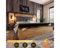 MODENUIT Tweepersoonsbed 180x200 cm – Geïntegreerde leeslampen en nachtkastjes – Opbergbank – Zonder matras – Eiken