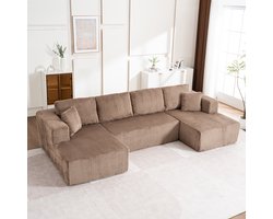 MODENUIT U-bank 332 x 156 cm - Modulaire Slaapfunctie Met Kussens - Voor Woonkamer En Lounge - Ribstof Bruin