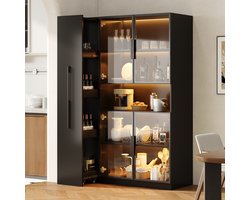 MODENUIT Vitrinekast - Met LED En Uitschuifbare Planken - Voor Woonkamer En Keuken - MDF - Zwart - 110x35x160 Cm