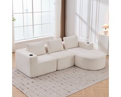 MODENUIT Zitbank 265 cm - Met 3 Kussens en 2 Bekerhouders - Voor Woonkamer en Kantoor - Polyester - Beige