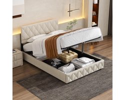 MODENVIE Gestoffeerd Bed 140x200 cm - Met Hydraulische Opbergruimte En Gecapitonneerd Hoofdbord - Met Lattenbodem - Zonder Matras - Fluweel Beige