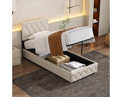 MODENVIE Gestoffeerd Bed 90x200 cm - Met Hydraulische Opbergruimte En Gecapitonneerd Hoofdbord - Met Lattenbodem - Zonder Matras - Fluweel Beige