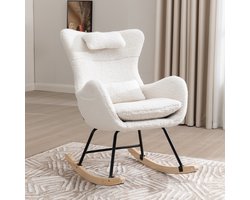 MODENVIE Schommelstoel - Relaxstoel Met Hoge Rugleuning En Dikke Schuimvulling Avec Hoofdkussen Lendenkussen En Zijvak - Fleece Stof - Wit