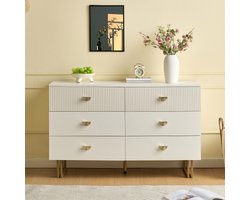 Modern 6-laden sideboard 120x40x75 cm – Wit met gouden accenten, MDF & staal, elegant opbergmeubel voor slaapkamer, woonkamer & hal