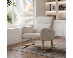 Modern Armchair with Wooden Base Upholstered Rocking Chair with Side Pocket and Armrests Relax Swing Chair Elegant and Comfortable for Living Room, Office or Bedroom, Teddy Velvet, White