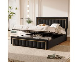 Modern bed 140x200cm gestoffeerd bed met flanellen hoofdeinde, hydraulisch bedframe met gouden afwerking, tweepersoonsbed met lattenbodem, zwarte flanel, zonder matras (splitsen voor 2 pakketten voor verzending)