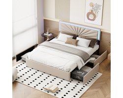 Modern bed 140x200cm gestoffeerd tweepersoonsbedframe met 4 lades en led-verlichting, tweepersoonsbed met opbergruimte voor jongeren en volwassenen, beige linnen stof, zonder matras (splitsen voor 2 pakketten voor verzending)