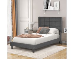 Modern Design Gestoffeerd Bed 90x200cm-Hoofdbord Eenpersoonsbed Met Lattenbodem-Grijs Linnen-Medium Stevig (Zonder Matras)grijs