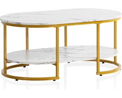 Modern Design Rechthoekige Sofa Tafel - Salontafel - Marmer Look - Wit & Goud - Opbergruimte - Elegante Flair - Robuust Metalen Frame - 100cm x 60cm x 45cm