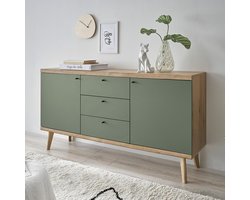 Modern Dressoir 160 cm – Sideboard met 3 Lades & 2 Deuren – Eiken Look met Saliegroen – Opbergkast voor Woonkamer & Eetkamer – Met Vaste Legplanken, Massief Houten Poten & Metalen Handgrepen – Vuilafstotend – MedahomeStore