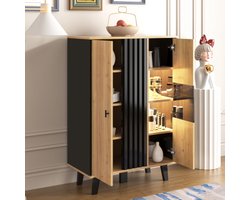Modern dressoir 80×120×40 cm – Vitrinekast met glas & LED-verlichting, zwart & houtkleur design met uniek houtnerfpatroon, stijlvolle opbergkast