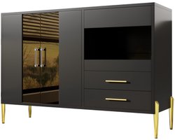 Modern dressoir met blauwgroene glazen deur, handgrepen van kristalacryl voor eetkamer en woonkamer, poten van gegalvaniseerd goudkleurig ijzer, zwarte behuizing