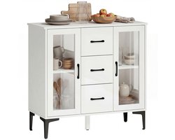 Modern dressoir met softclose-deuren, buffetkast met 3 laden, 2 glazen deuren, verstelbare planken, MDF, wit
