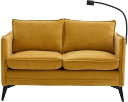 Modern Dubbel Sofa Klein Stoffen Sofa Fauteuil met Opbergruimte Zijzak + Aanpasbare Telefoonhouder Geschikt voor Woonkamer/Slaapkamer/Balkon- Geel