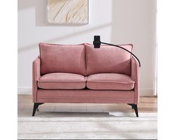 Modern Dubbel Sofa Klein Stoffen Sofa Fauteuil met Opbergruimte Zijzak + Aanpasbare Telefoonhouder Geschikt voor Woonkamer/Slaapkamer/Balkon- Roze