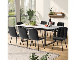 Modern eettafelset - 1 uitschuifbare eettafel met 8 stoelen - wit tafelblad en zwarte tafelpoten - grijze eetstoelen