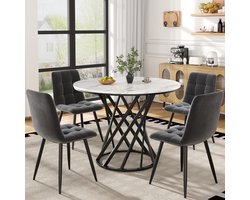 Modern eettafelset - 5-delig - met 4 stoelen - ronde eettafel 80x80 cm - zwarte tafelpoten - wit tafelblad - grijze eetkamerstoelen