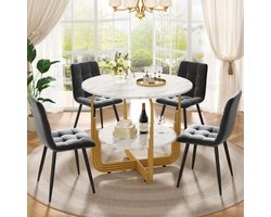 Modern eettafelset - 5-delig - met 4 stoelen - ronde eettafel - gouden tafelpoten - wit tafelblad - grijze eetkamerstoelen