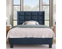 Modern Enkelbed 90x200cm - Gepolst kopstuk, linnen, blauw, lattenbodem (zonder matras)