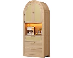 Modern gebogen vitrinekast 80 x 35 x 180 cm - opbergkast - met LED-verlichting - rieten deuren - met opbergvakken en lade - houtkleur