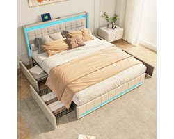 Modern gestoffeerd tweepersoonsbed 160x200cm Gestoffeerd bed met 4 lades en lattenbodem, LED-verlichting en USB-oplaadfunctie, tweepersoonsbed met opbergruimte, jeugdbed, beige linnen stof, zonder matras (gesplitst voor 2 pakketten voor verzending)