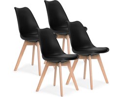 Modern Home Set Van 4 Eetkamerstoelen - Kuip Stoelen Met Eco-Leer Kussen En Beukenhouten Poten - Zwart - Scandinavische design