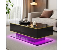 Modern hoogglans salontafel - 100x50x40 cm - gouden accenten - 3 laden en USB LED-verlichting - zwart