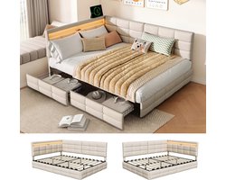 Modern Jeugdbed 140x190cm – Slaapbank met RGB LED en USB, Lattenbodem en 2 Opladelades, Beige Linnen, Gestoffeerd Bed voor Kinder, Tiener en Volwassenen (Zonder Matras)