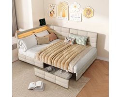 Modern Jeugdbed 140x200cm – Slaapbank met RGB LED en USB, Lattenbodem en 2 Opladelades, Beige Linnen, Gestoffeerd Bed voor Kinder, Tiener en Volwassenen (Zonder Matras)
