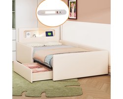 Modern Jeugdbed 90x200 cm – Gestoffeerd Kinderbed met Bedlade en Opbergruimte – Kunstleer Bed met Lattenbodem en Zacht Hoofdeinde met Opbergvak – Kinderbed voor Jongens en Meisjes – Beige – Medahomestore