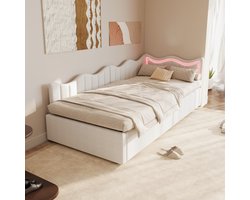 Modern jeugdbed 90x200cm, gestoffeerd bed, kinderbed met lattenbodem en opbergruimte, led-verlichtingsbed met lattenbodem, fluwelen stof, eenpersoonsbed voor jongens en meisjes, zonder matras (verzonden in twee pakketten)