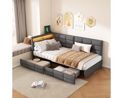 Modern Jeugdbed 90x200cm – Slaapbank met RGB LED en USB, Lattenbodem en 2 Opladelades, Grijs Linnen, Gestoffeerd Bed Eenpersoonsbed voor Kinder, Tiener en Volwassenen (Zonder Matras)